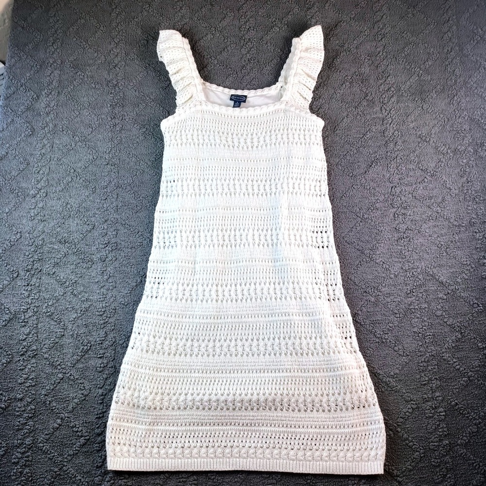 Women's Size Small White Crochet Knit Mini Dress Ruffle Sleeve Square Neck